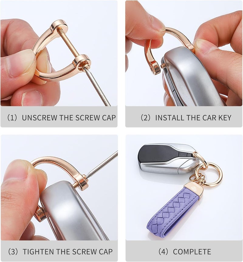 Hamdecro Store Genuine Leather Car Keychain, Handmade Knit Sheepskin Key chains for Women, Universal Key Fob Holder with 360 Degree Rotatable, Anti-Lost D-Ring, 2 Keyrings and 1 Screwdriver – Lavender Purple - Image 4